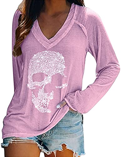 Minetom Sweatshirt Damen Pullover V-Ausschnitt Langarmshirt Bedrucktes Oberteil Tops Herbst Freizeit T-Shirts Bluse A Violett 4XL von Minetom