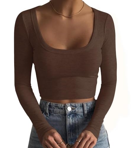 Minetom Damen Langarm T-Shirt mit Quadratischer Ausschnitt Basic Langarmshirt Crop Tops Bauchfrei Oberteile Sweatshirt Pullover Top Herbst Ribbed A Braun L von Minetom