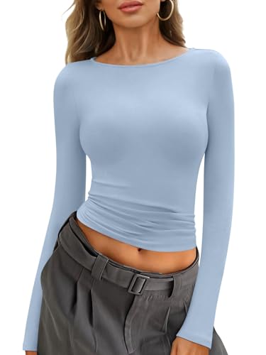 Minetom Sweatshirt Damen Tshirt Langarm U-Boot Ausschnitt Basic T-Shirt Baumwolle Langarmshirt Eng Stretch Pullover Oberteile Y2K Top A Blau XS von Minetom