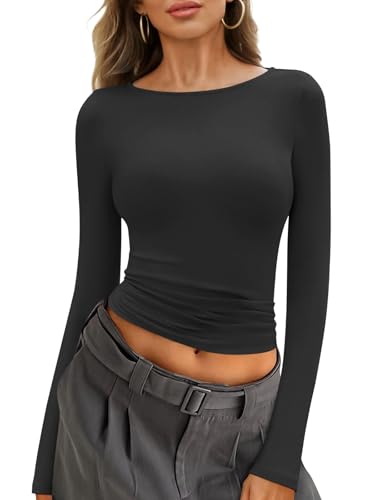 Minetom Sweatshirt Damen Tshirt Langarm U-Boot Ausschnitt Basic T-Shirt Baumwolle Langarmshirt Eng Stretch Pullover Oberteile Y2K Top A Schwarz XS von Minetom