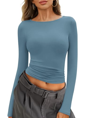 Minetom Sweatshirt Damen Tshirt Langarm U-Boot Ausschnitt Basic T-Shirt Baumwolle Langarmshirt Eng Stretch Pullover Oberteile Y2K Top A Türkis M von Minetom