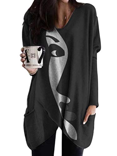 Minetom Sweatshirt Damen V-Ausschnitt Druck Langarmshirt Lose Langarm Oberteile Oversize Lang Tops Asymmetrisch Saum Pullover Mit Taschen A Schwarz L Minetom Sweatshirt Damen V-Ausschnitt Druck Langarmshirt Lose Langarm Oberteile Oversize Lang Tops Asymmetrisch Saum Pullover Mit Taschen A Schwarz L von Minetom