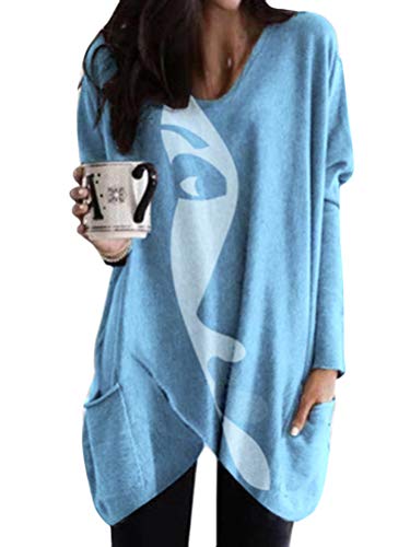 Minetom Sweatshirt Damen V-Ausschnitt Druck Langarmshirt Lose Oberteile Oversize Lang Sweatshirt Tops Asymmetrisch Saum Pullover Mit Taschen A Blau 3XL Minetom Sweatshirt Damen V-Ausschnitt Druck Langarmshirt Lose Oberteile Oversize Lang Sweatshirt Tops Asymmetrisch Saum Pullover Mit Taschen A Blau 3XL von Minetom