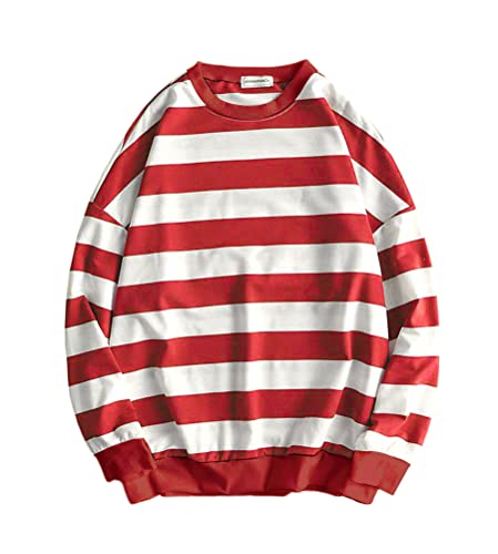 Minetom Sweatshirt Herren Pullover Oversized Sweat Crewneck Gestreiftes Shirt Longsleeve Marine Langarmshirts Pulli A Rot M von Minetom