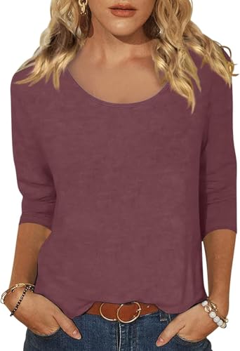 Minetom T-Shirt Damen 3/4 Arm Tshirt Sommer Rundhals Basic Oberteile A Weinrot XL von Minetom