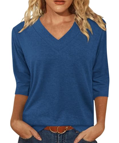 Minetom T Shirt Damen 3/4 Arm V-Ausschnitt T-Shirt Sommer Oberteil Pullover Herbst Basic Shirts A Dunkelblau XXL von Minetom