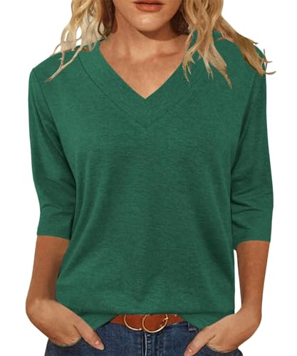 Minetom T Shirt Damen 3/4 Arm V-Ausschnitt T-Shirt Sommer Oberteil Einfarbig Basic Shirts A Grün XXL von Minetom