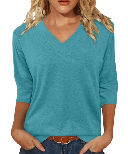 Minetom T Shirt Damen 3/4 Arm V-Ausschnitt T-Shirt Sommer Oberteil Einfarbig Basic Shirts A Türkis XXL von Minetom