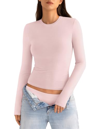 Minetom T-Shirt Damen Baumwolle Rundhals Basic Shirt Stretch Tshirt Eng Langarm Slim Fit Y2K Oberteile A Rosa XS z von Minetom