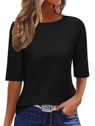 Minetom T-Shirt Damen Halbarm Rundhals Tshirt Sommer Einfarbig Oberteil Basic Shirts A Schwarz XXL von Minetom