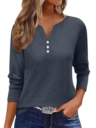 Minetom T Shirt Damen Langarmshirt V-Ausschnitt Knopfleiste Elegant Oberteile Basic Tops Einfarbig T-Shirt Marineblau XXL von Minetom