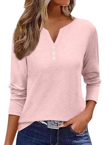 Minetom T Shirt Damen Langarmshirt V-Ausschnitt Knopfleiste Elegant Oberteile Basic Tops Einfarbig T-Shirt Rosa M z von Minetom