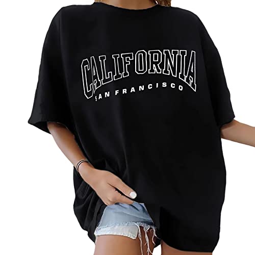 Minetom T-Shirt Damen Oversized Mode Lose Rundhals Kurzarm Sommer Oberteile Vintage Drucken Bluse Streetwear Sport Oberteile Vintage Sweatshirt Teenager Mädchen Tunika Lang Tops B Schwarz L von Minetom