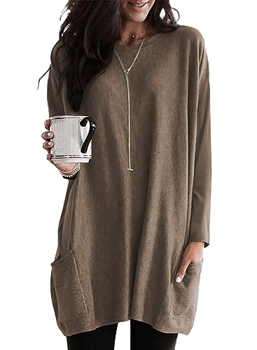 Minetom T-Shirt Damen Rundhals T Shirt Kurzarm Locker Lang Oberteil Einfarbig Longshirt Casual Lose Tshirt mit Tasche Elegant Pullover Sweatshirt Langarmshirt Tops Oversized Tshirts C Braun L z von Minetom
