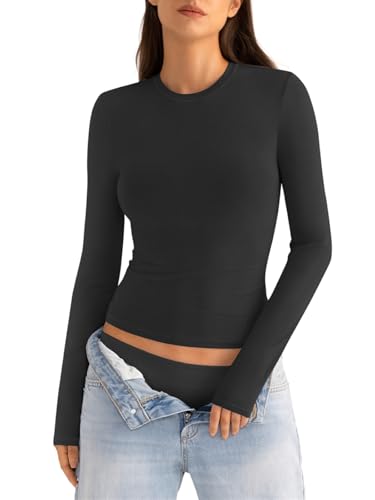 Minetom T-Shirt Damen Baumwolle Rundhals Basic Shirt Stretch Tshirt Eng Langarm Slim Fit Y2K Oberteile A Schwarz L von Minetom