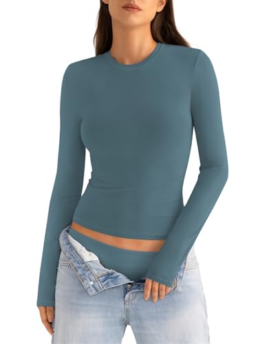 Minetom T-Shirt Damen Baumwolle Rundhals Basic Shirt Stretch Tshirt Eng Langarm Slim Fit Y2K Oberteile A Türkis S von Minetom
