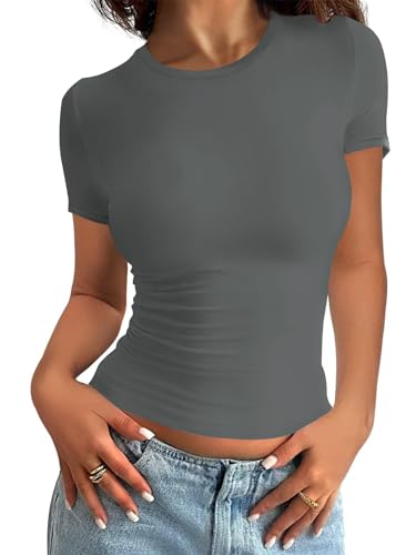 Minetom Damen T-Shirt Hoher Elastizität Doppelt Gefüttert Basic Rundhals Kurzarm Slim Fit Tshirt Sommer Oberteile Atmungsaktiv Y2K Top Double Lined Stretch Eng Mädchen Teenager Shirts B Grau M von Minetom