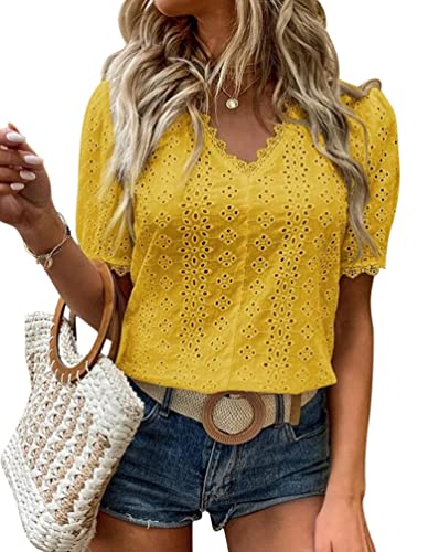 Minetom T-Shirt Damen Spitze Sommer Bluse Casual V-Ausschnitt Kurzarm Tops Spitzentop Oberteile Elegant Hemdbluse Shirts A Gelb XL von Minetom