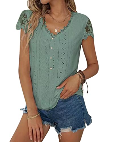 Minetom T-Shirt Damen Spitze Sommer Bluse Casual V-Ausschnitt Kurzarm Tops Spitzentop Oberteile Elegant Hemdbluse Shirts C Grün L von Minetom