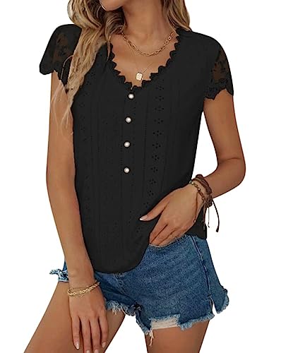 Minetom T-Shirt Damen Spitze Sommer Bluse Casual V-Ausschnitt Kurzarm Tops Spitzentop Oberteile Elegant Hemdbluse Shirts C Schwarz M von Minetom