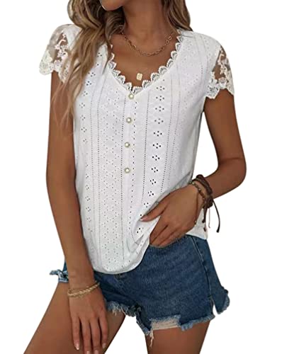 Minetom T-Shirt Damen Spitze Sommer Bluse Casual V-Ausschnitt Kurzarm Tops Spitzentop Oberteile Elegant Hemdbluse Shirts C Weiß L von Minetom