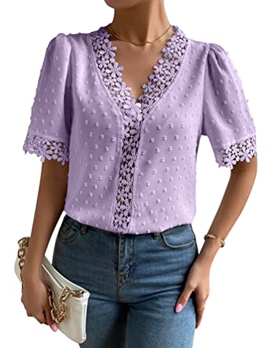 Minetom T-Shirt Damen Spitze Sommer Bluse Casual V-Ausschnitt Kurzarm Tops Spitzentop Oberteile Elegant Hemdbluse Shirts D Violett XL von Minetom