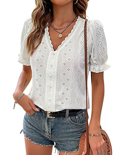 Minetom T-Shirt Damen Spitze Sommer Bluse Casual V-Ausschnitt Kurzarm Tops Spitzentop Oberteile Elegant Hemdbluse Shirts F Weiß L von Minetom