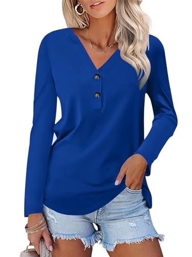 Minetom T-Shirt Damen V-Ausschnitt Knopfleiste Bluse Locker Einfarbig Tunika Oberteil Langarmshirt Elegant Basic Longsleeve Tops Longshirt A Blau S von Minetom