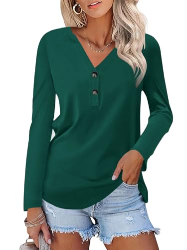 Minetom T-Shirt Damen V-Ausschnitt Knopfleiste Bluse Locker Einfarbig Tunika Oberteil Langarmshirt Elegant Basic Longsleeve Tops Longshirt A Dunkelgrün L von Minetom