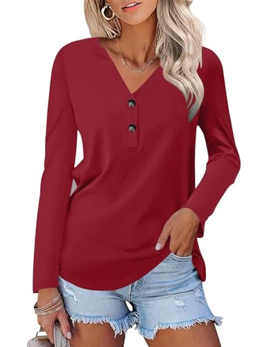Minetom T-Shirt Damen V-Ausschnitt Knopfleiste Bluse Locker Einfarbig Tunika Oberteil Langarmshirt Elegant Basic Longsleeve Tops Longshirt A Rot M von Minetom