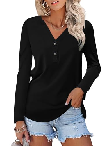 Minetom T-Shirt Damen V-Ausschnitt Knopfleiste Bluse Locker Einfarbig Tunika Oberteil Langarmshirt Elegant Basic Longsleeve Tops Longshirt A Schwarz S von Minetom