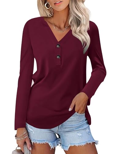 Minetom T-Shirt Damen V-Ausschnitt Knopfleiste Bluse Locker Einfarbig Tunika Oberteil Langarmshirt Elegant Basic Longsleeve Tops Longshirt A Weinrot L von Minetom