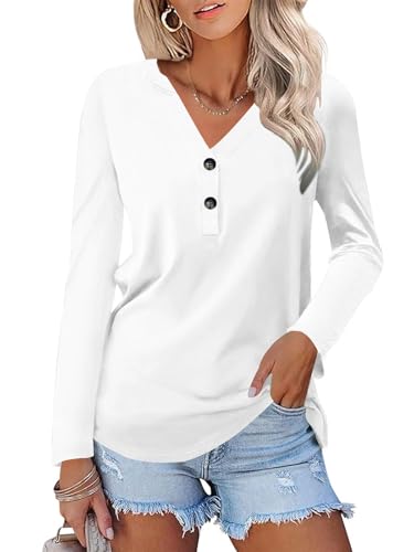 Minetom T-Shirt Damen V-Ausschnitt Knopfleiste Bluse Locker Einfarbig Tunika Oberteil Langarmshirt Elegant Basic Longsleeve Tops Longshirt A Weiß S von Minetom