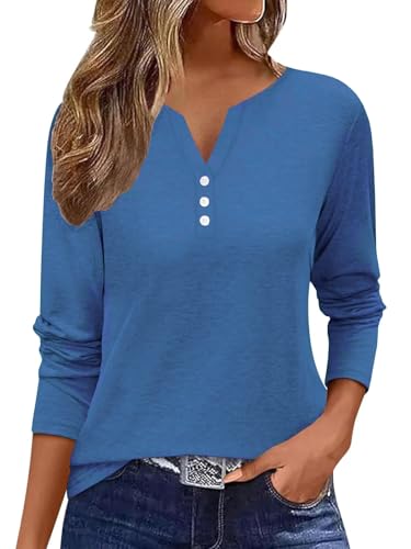 Minetom T Shirt Damen Langarmshirt V-Ausschnitt Knopfleiste Elegant Oberteile Basic Tops Einfarbig T-Shirt Dunkelblau XL von Minetom