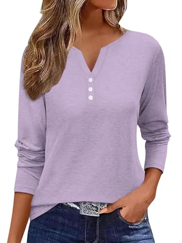 Minetom T Shirt Damen Langarmshirt V-Ausschnitt Knopfleiste Elegant Oberteile Basic Tops Einfarbig T-Shirt Lila XXL von Minetom