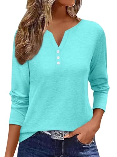 Minetom T Shirt Damen Langarmshirt V-Ausschnitt Knopfleiste Elegant Oberteile Basic Tops Einfarbig T-Shirt Minzgrün XL von Minetom