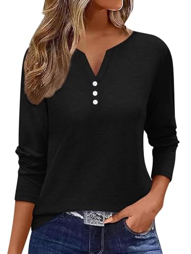 Minetom T Shirt Damen Langarmshirt V-Ausschnitt Knopfleiste Elegant Oberteile Basic Tops Einfarbig T-Shirt Schwarz L von Minetom