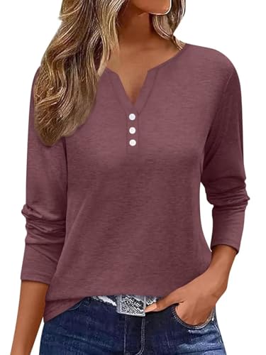 Minetom T Shirt Damen Langarmshirt V-Ausschnitt Knopfleiste Elegant Oberteile Basic Tops Einfarbig T-Shirt Weinrot S von Minetom