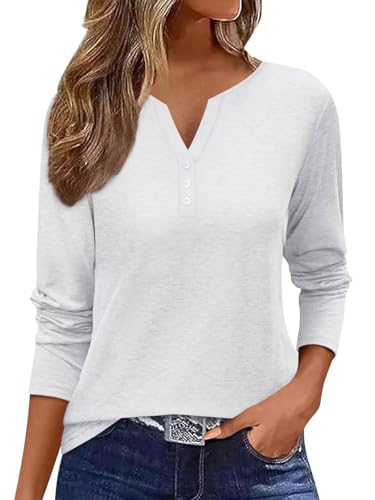 Minetom T Shirt Damen Langarmshirt V-Ausschnitt Knopfleiste Elegant Oberteile Basic Tops Einfarbig T-Shirt Weiß S von Minetom