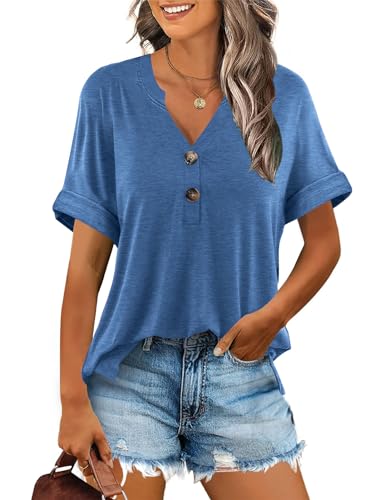 Minetom T-Shirt Damen V Ausschnitt Kurzarm T Shirt Basic Sommer Oberteile Knopfleiste Shirts Frauen Lockere Loose fit A Blau L von Minetom