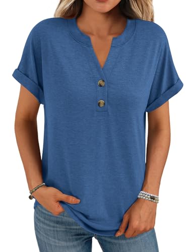 Minetom T-Shirt Damen V Ausschnitt Kurzarm T Shirt Basic Sommer Oberteile Knopfleiste Shirts Frauen Lockere Loose fit A Blau M von Minetom