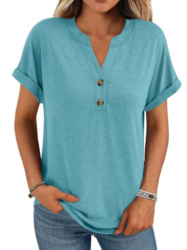 Minetom T-Shirt Damen V Ausschnitt Kurzarm T Shirt Basic Sommer Oberteile Knopfleiste Shirts Frauen Lockere Loose fit A Blaugrün XXL von Minetom