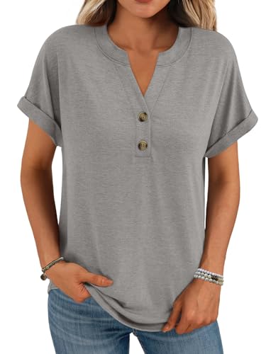 Minetom T-Shirt Damen V Ausschnitt Kurzarm T Shirt Basic Sommer Oberteile Knopfleiste Shirts Frauen Lockere Loose fit A Grau XL von Minetom