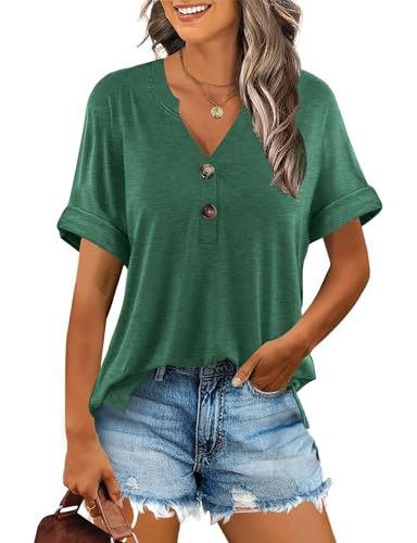 Minetom T-Shirt Damen V Ausschnitt Kurzarm T Shirt Basic Sommer Oberteile Knopfleiste Shirts Frauen Lockere Loose fit A Grün L von Minetom