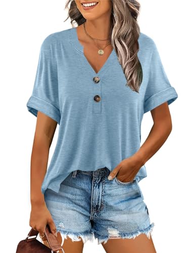Minetom T-Shirt Damen V Ausschnitt Kurzarm T Shirt Basic Sommer Oberteile Knopfleiste Shirts Frauen Lockere Loose fit A Hellblau XL von Minetom