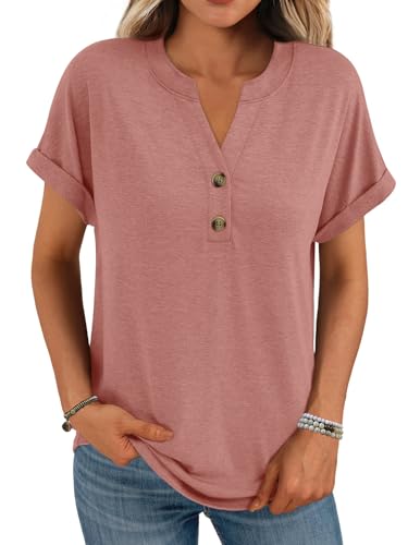 Minetom T-Shirt Damen V Ausschnitt Kurzarm T Shirt Basic Sommer Oberteile Knopfleiste Shirts Frauen Lockere Loose fit A Rose XXL z von Minetom