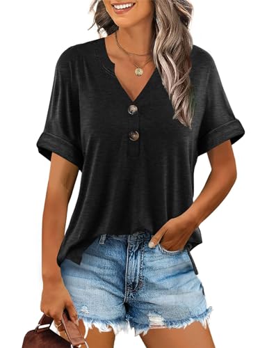 Minetom T-Shirt Damen V Ausschnitt Kurzarm T Shirt Basic Sommer Oberteile Knopfleiste Shirts Frauen Lockere Loose fit A Schwarz M von Minetom