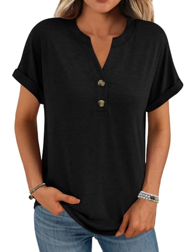 Minetom T-Shirt Damen V Ausschnitt Kurzarm T Shirt Basic Sommer Oberteile Knopfleiste Shirts Frauen Lockere Loose fit A Schwarz M von Minetom