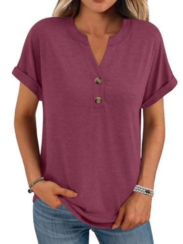 Minetom T-Shirt Damen V Ausschnitt Kurzarm T Shirt Basic Sommer Oberteile Knopfleiste Shirts Frauen Lockere Loose fit A Weinrot M von Minetom