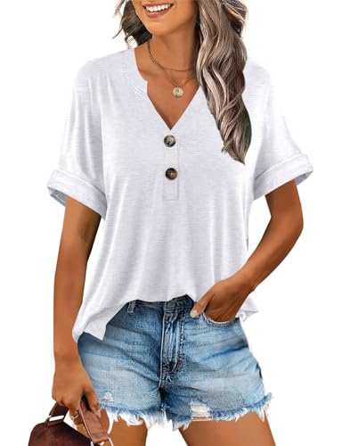 Minetom T-Shirt Damen V Ausschnitt Kurzarm T Shirt Basic Sommer Oberteile Knopfleiste Shirts Frauen Lockere Loose fit A Weiß M von Minetom